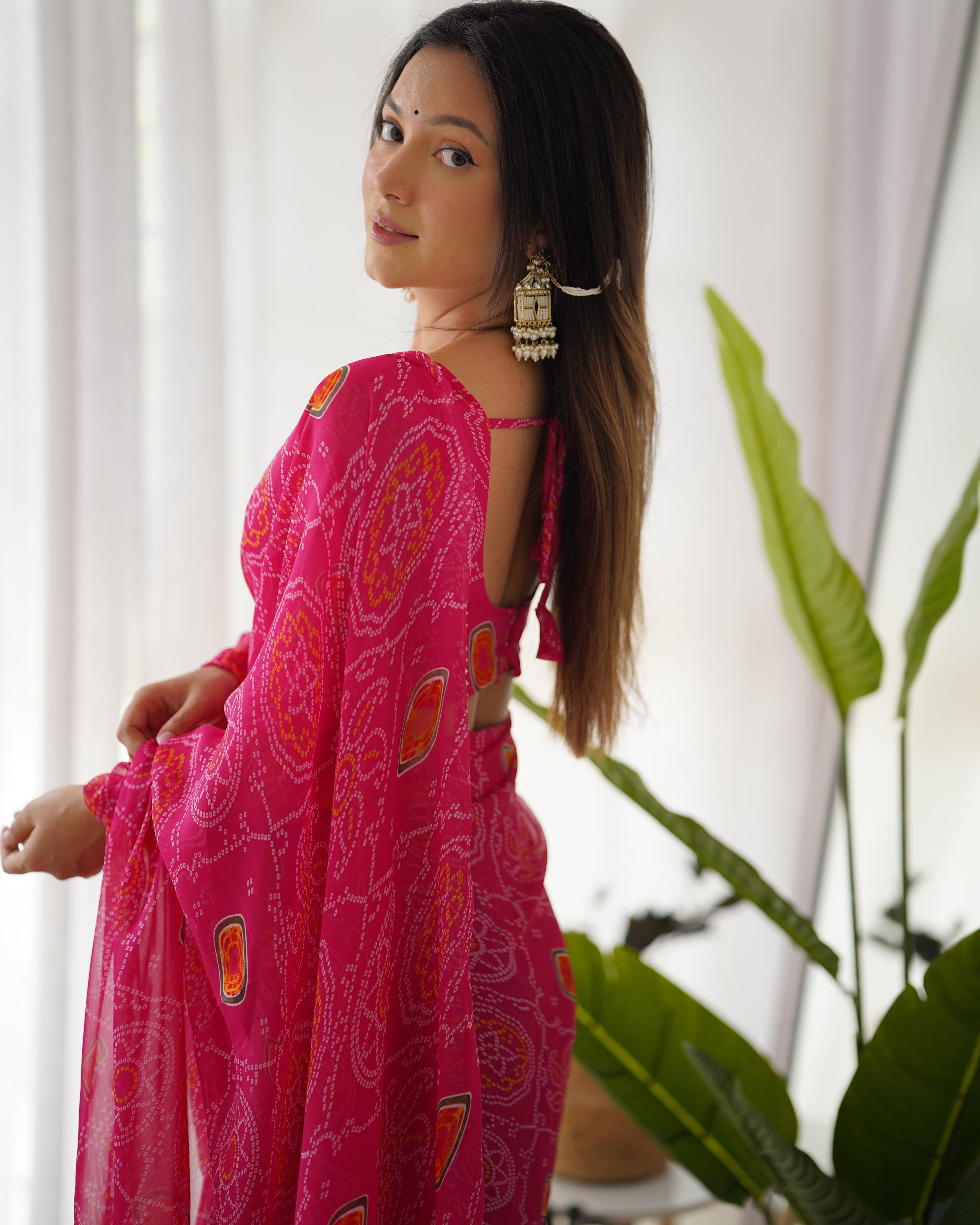 Pink Pure Soft Chiffon Bandhej Printed Ready To Wear Saree - INDIAN ELEGANCE