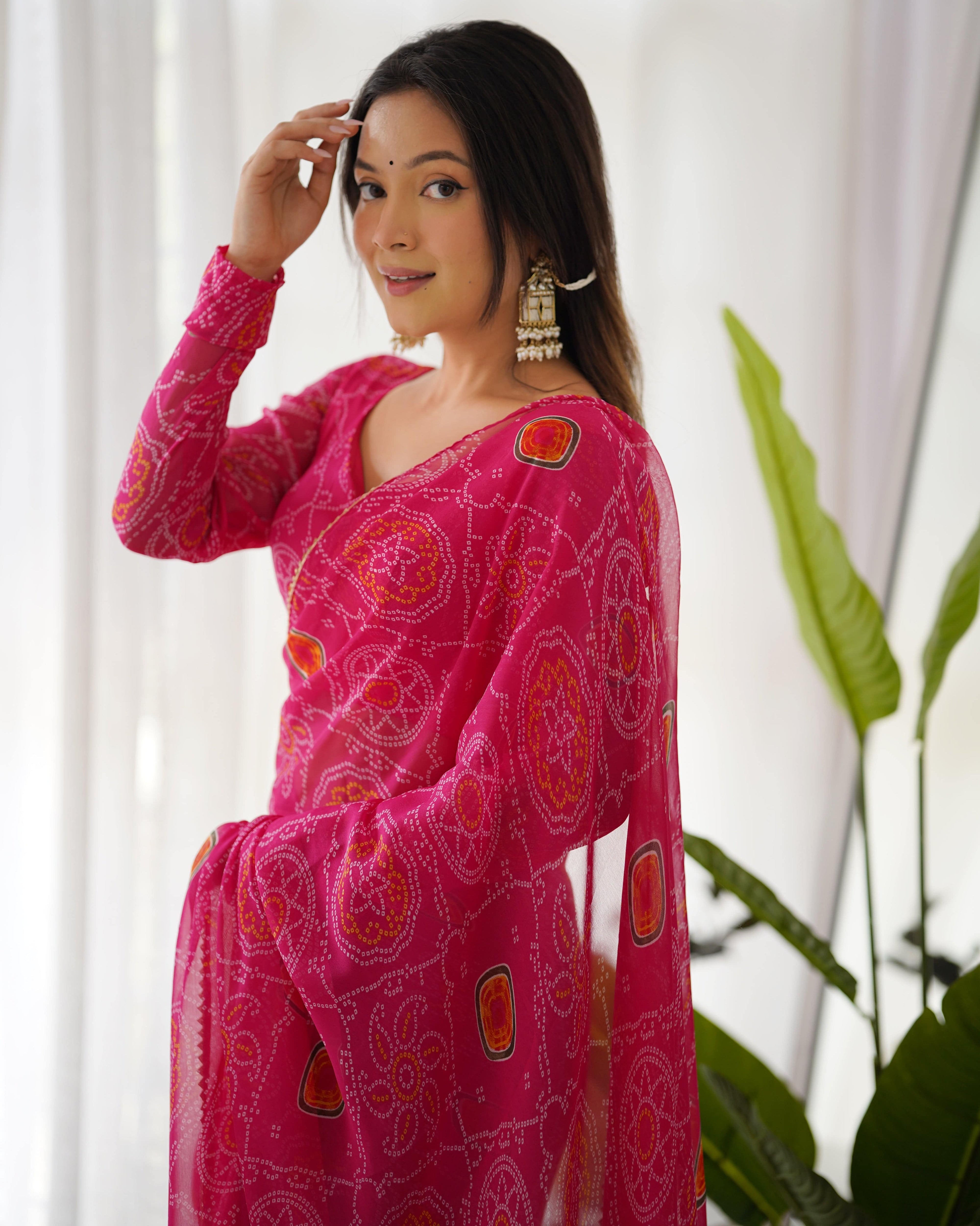 Pink Pure Soft Chiffon Bandhej Printed Ready To Wear Saree - INDIAN ELEGANCE