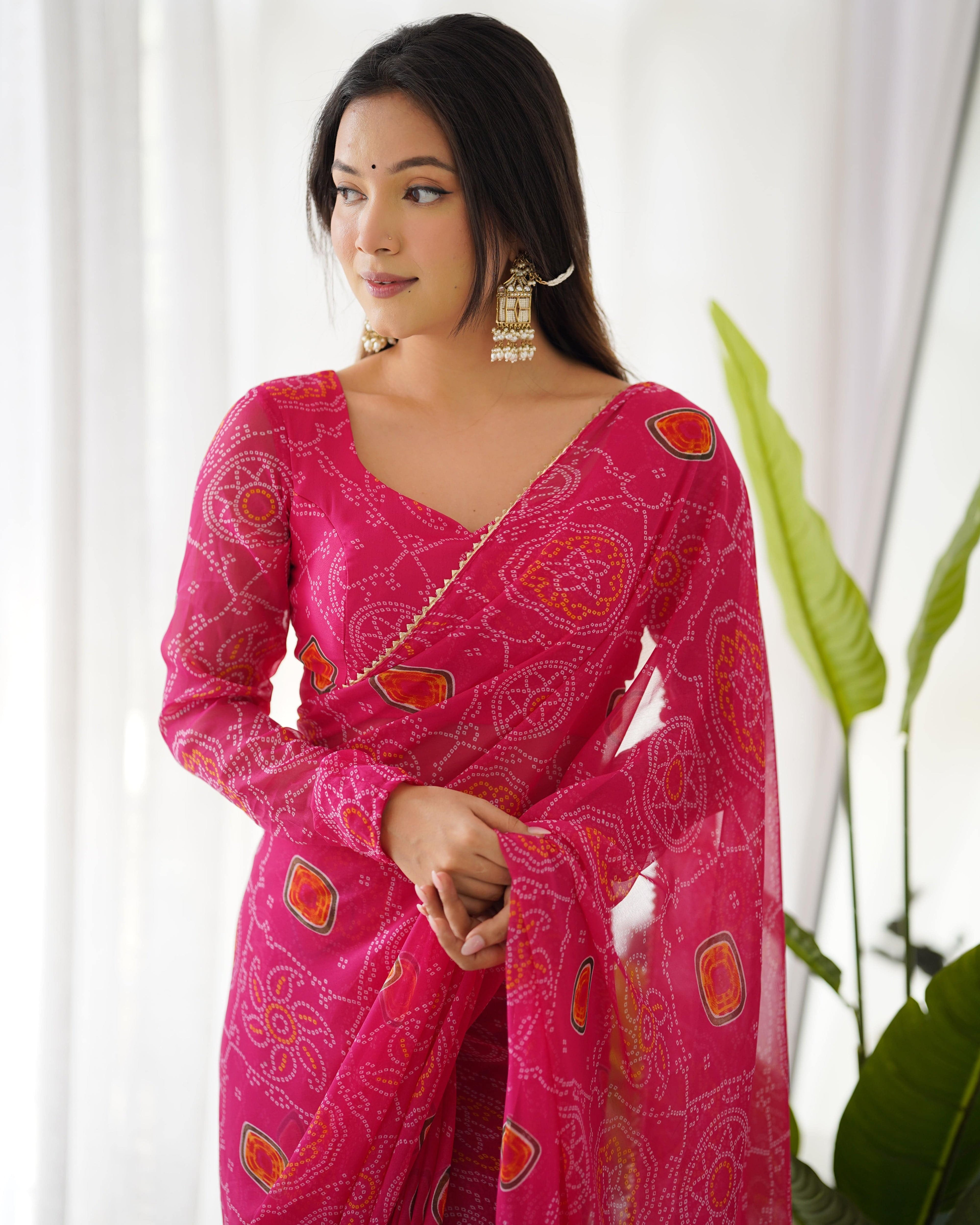 Pink Pure Soft Chiffon Bandhej Printed Ready To Wear Saree - INDIAN ELEGANCE