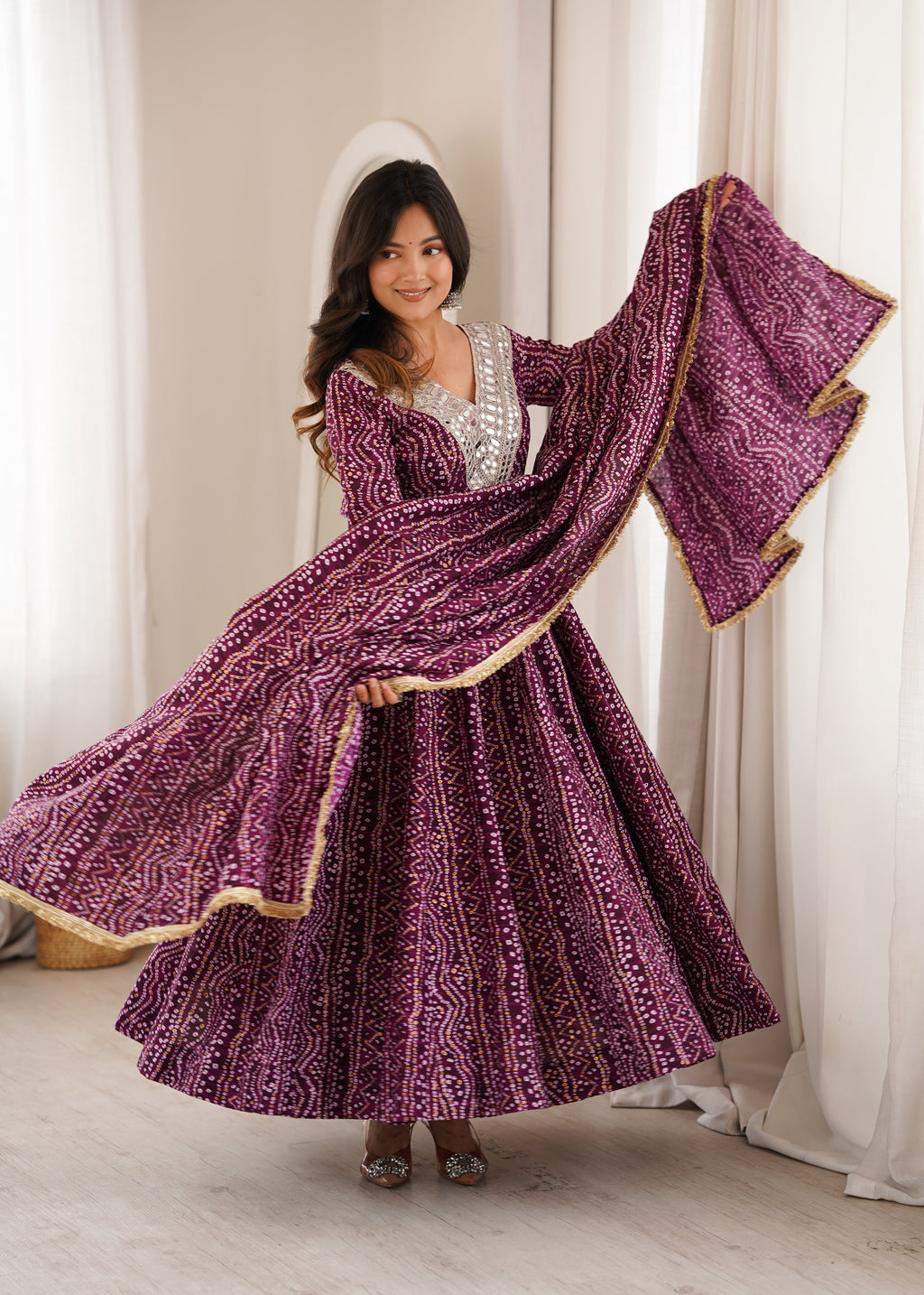 Wine Purple Mirror Work Anarkali Gown Set for Women | Wedding, Sangeet & Party Wear