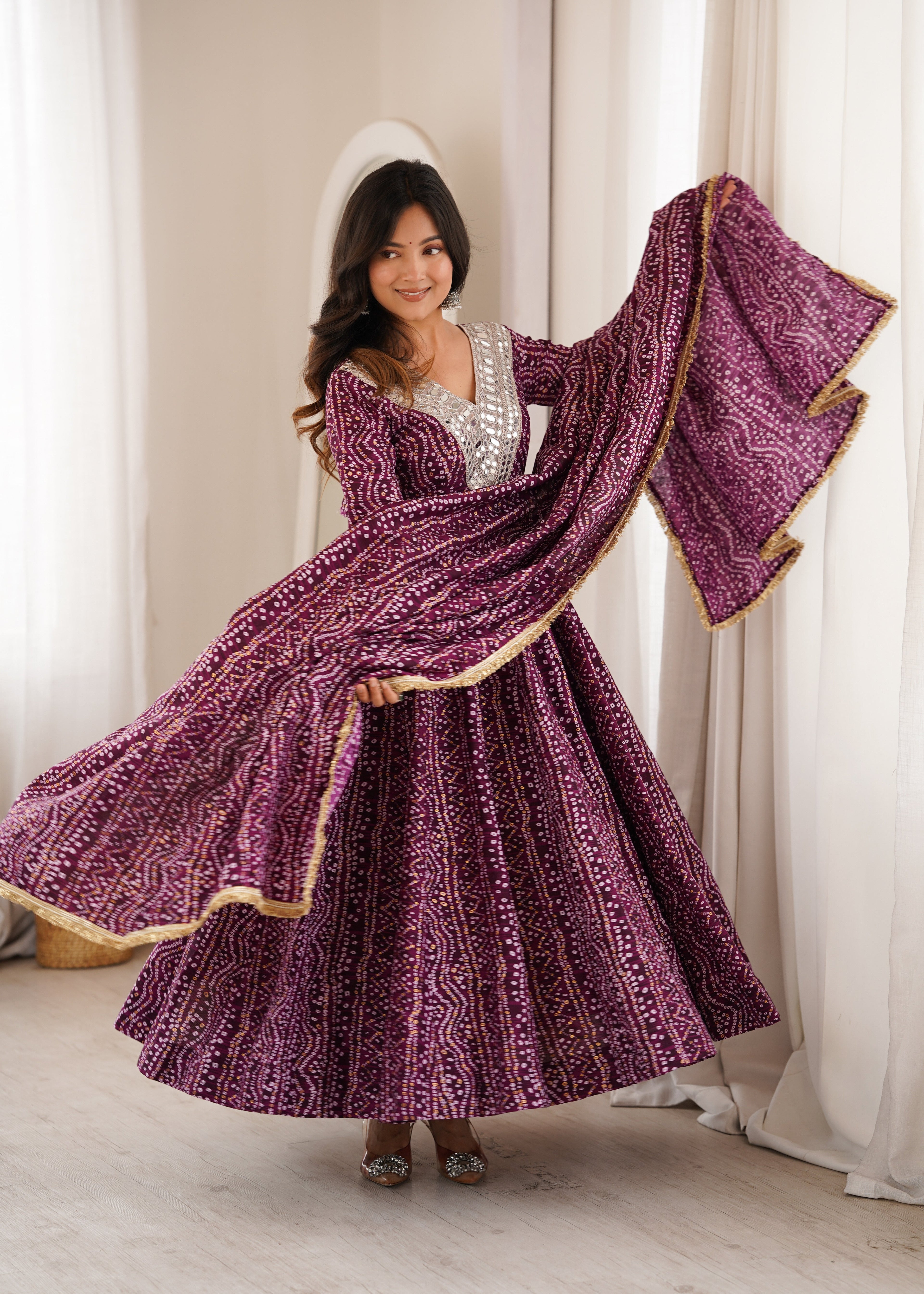 Wine Purple Mirror Work Anarkali Gown Set for Women | Wedding, Sangeet & Party Wear