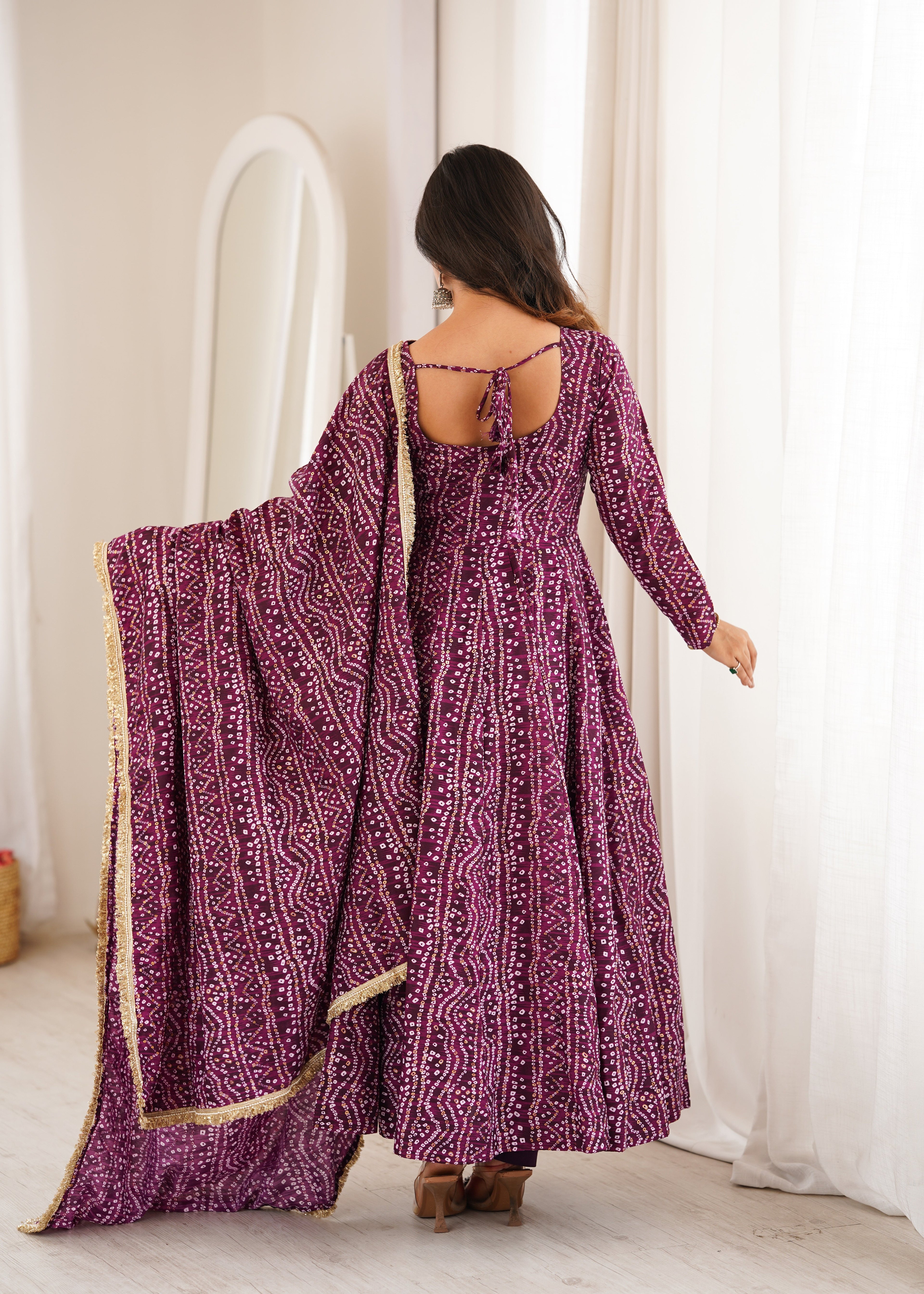 Wine Purple Mirror Work Anarkali Gown Set for Women | Wedding, Sangeet & Party Wear