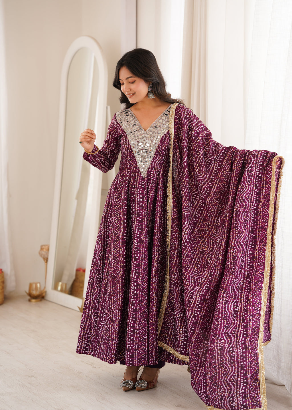Wine Purple Mirror Work Anarkali Gown Set for Women | Wedding, Sangeet & Party Wear