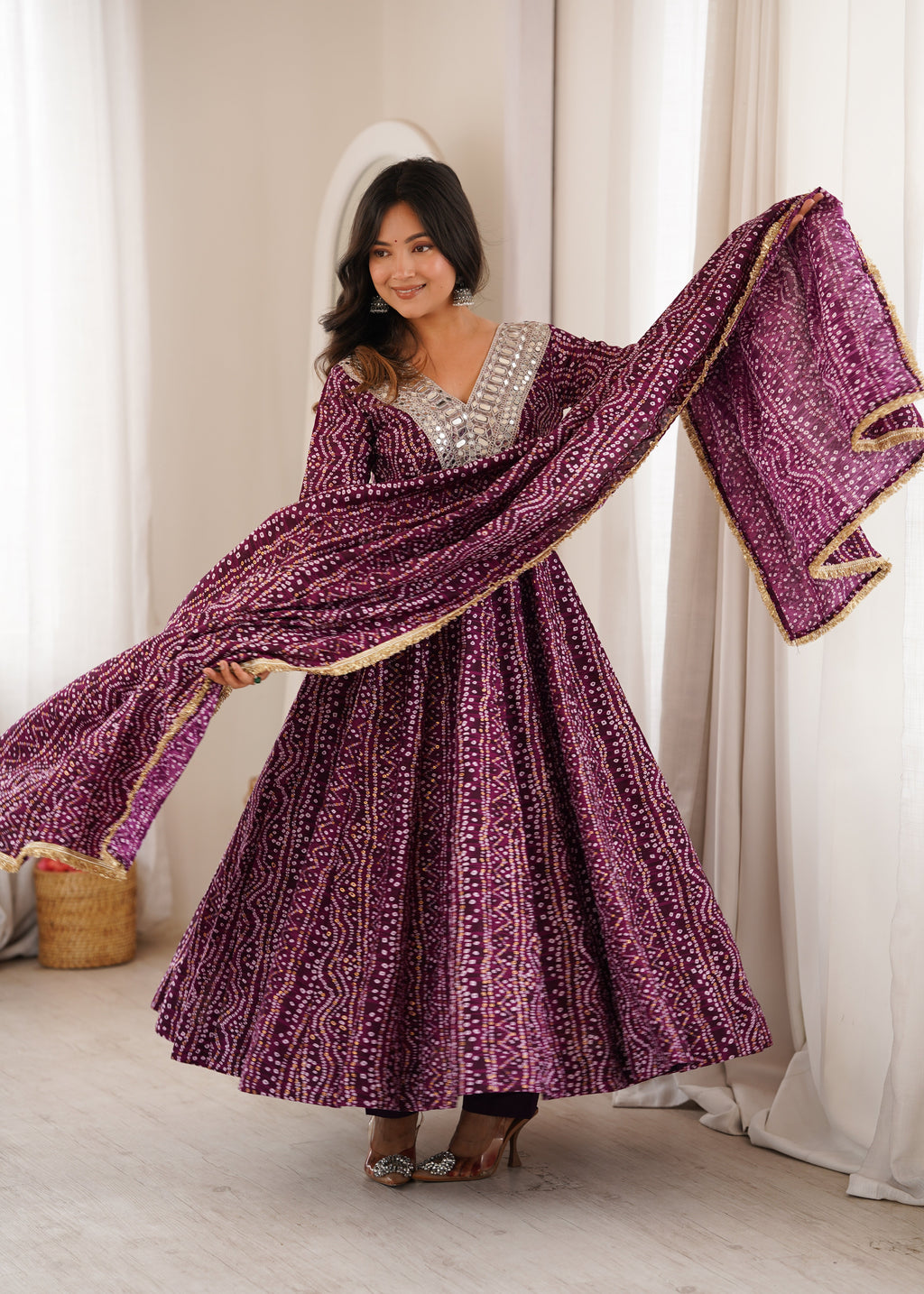 Wine Purple Mirror Work Anarkali Gown Set for Women | Wedding, Sangeet & Party Wear