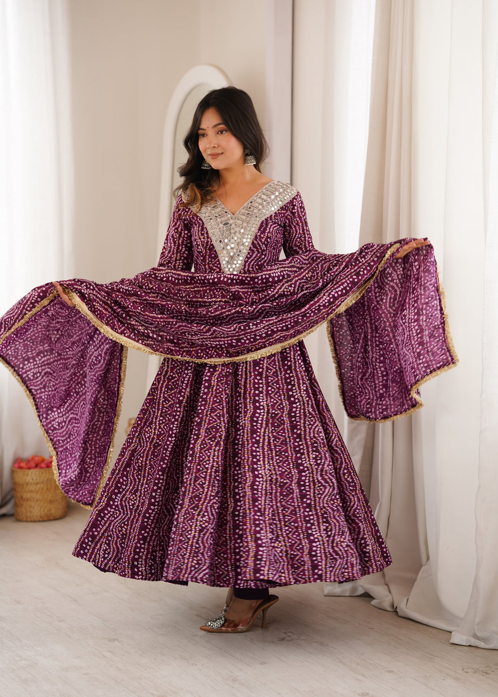 Wine Purple Mirror Work Anarkali Gown Set for Women | Wedding, Sangeet & Party Wear