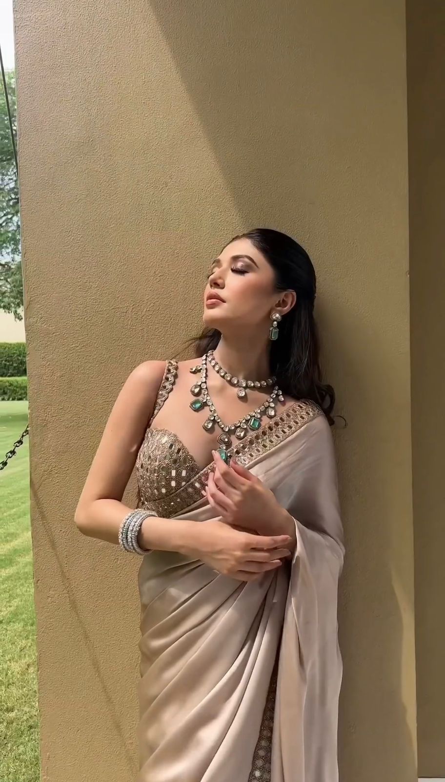 Champagne Beige Satin Silk Mirror Work Saree with Designer Blouse | Wedding & Reception Wear Saree for Women
