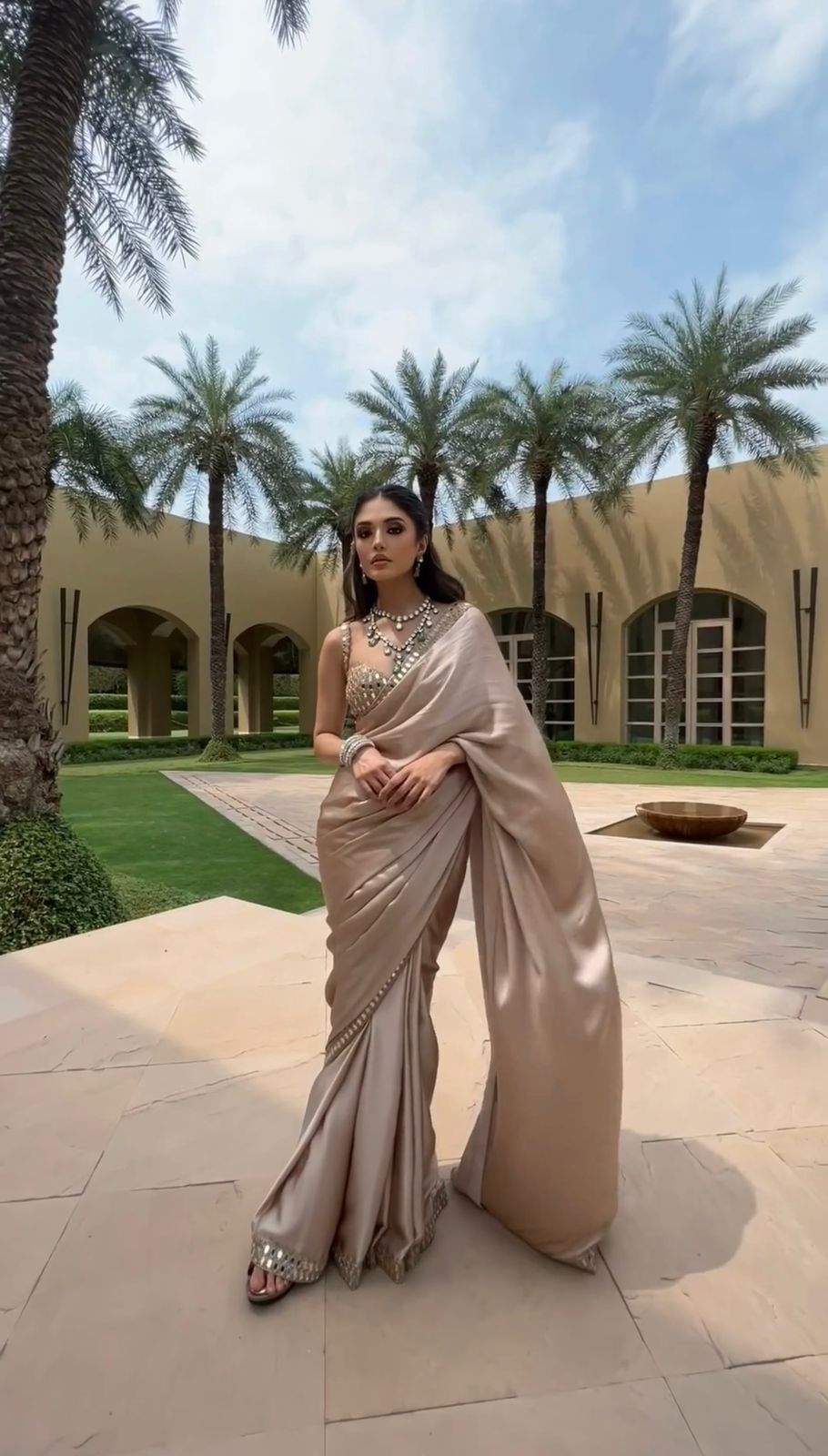 Champagne Beige Satin Silk Mirror Work Saree with Designer Blouse | Wedding & Reception Wear Saree for Women