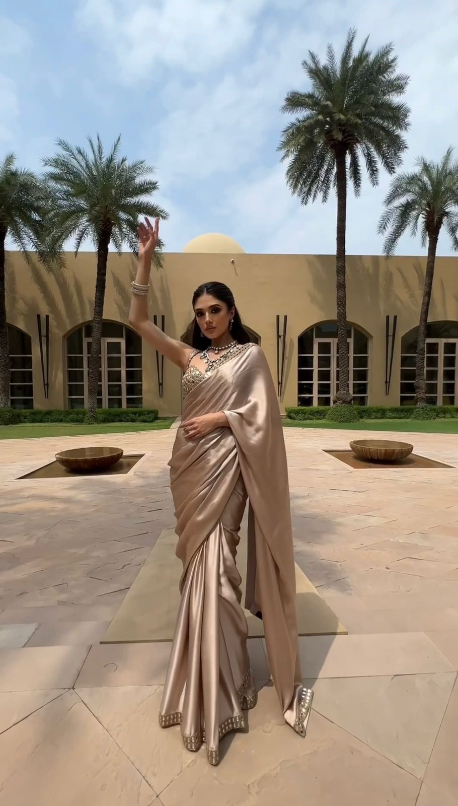 Champagne Beige Satin Silk Mirror Work Saree with Designer Blouse | Wedding & Reception Wear Saree for Women