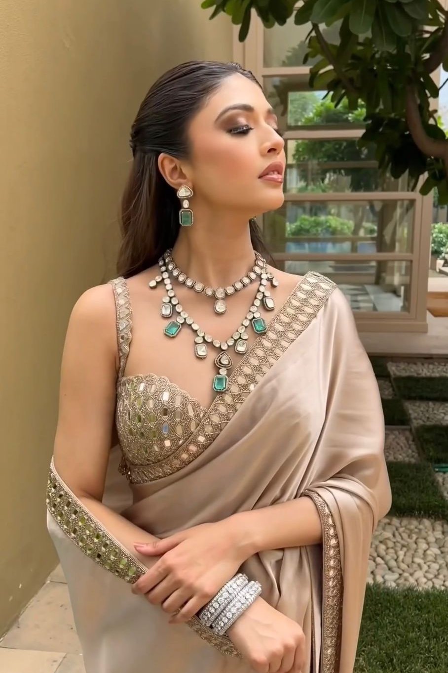 Champagne Beige Satin Silk Mirror Work Saree with Designer Blouse | Wedding & Reception Wear Saree for Women