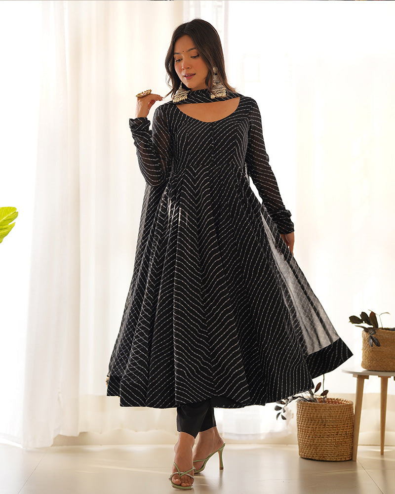 Laheriya Print Georgette Three Piece Black Anarkali Suit For Women