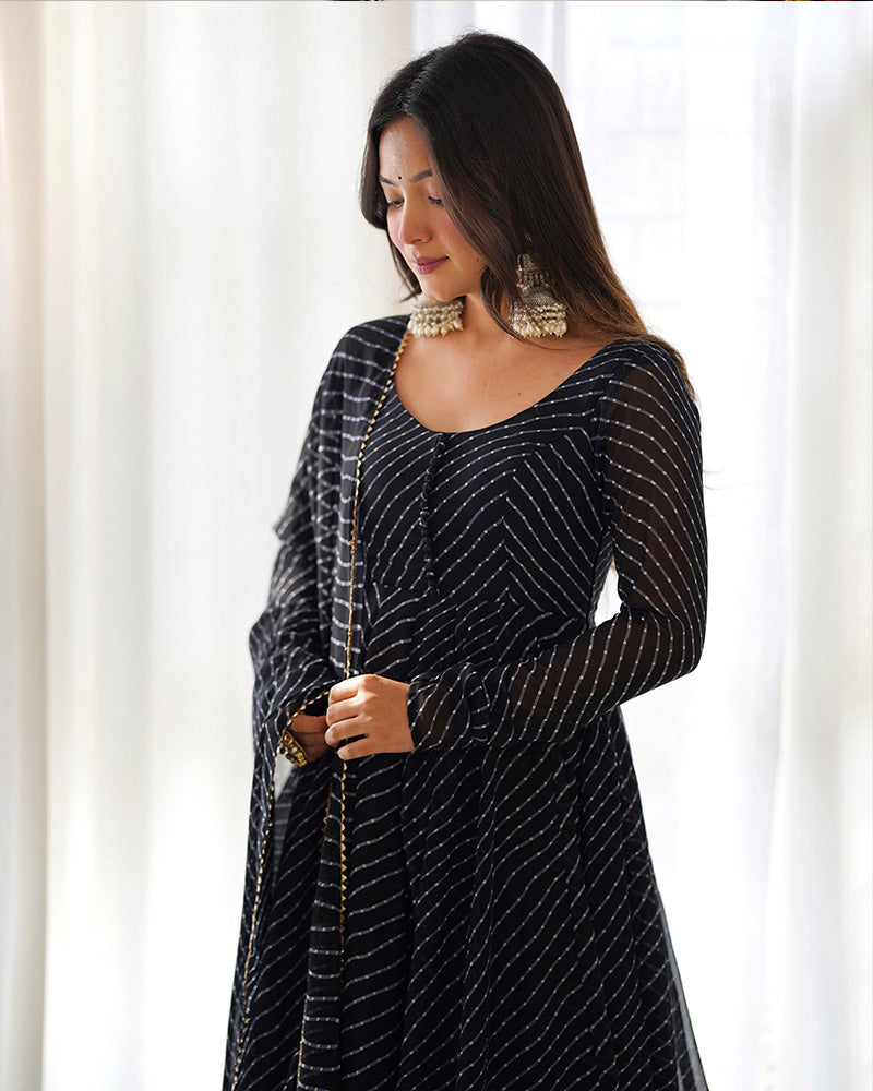Laheriya Print Georgette Three Piece Black Anarkali Suit For Women