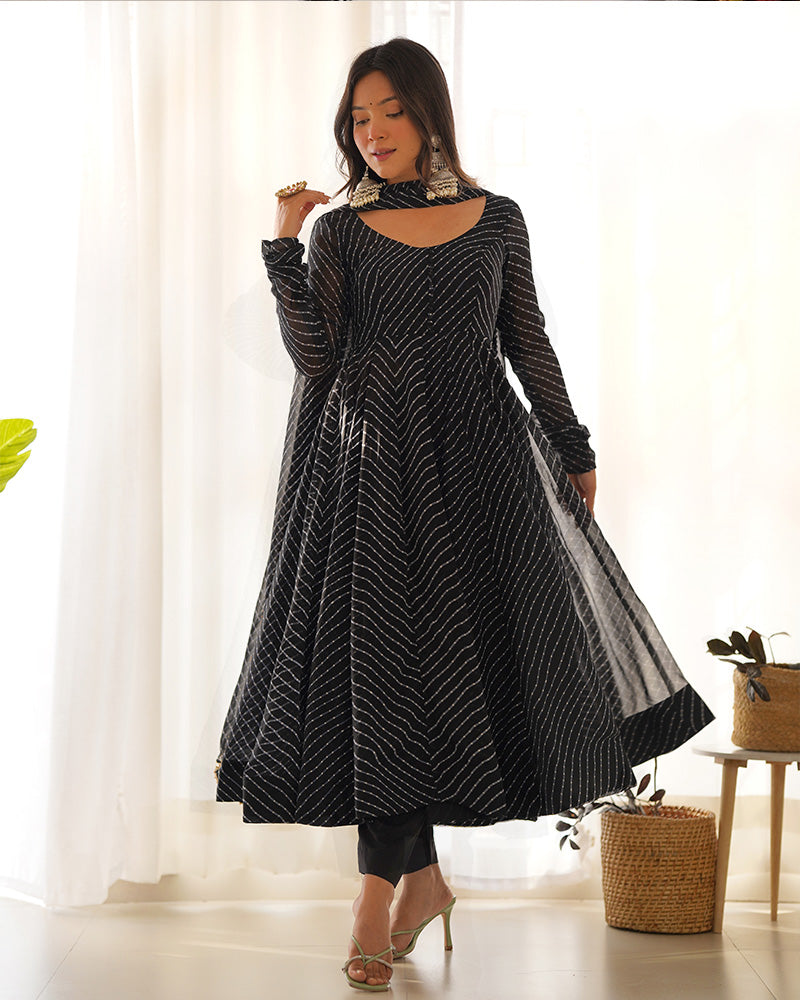 Laheriya Print Georgette Three Piece Black Anarkali Suit For Women