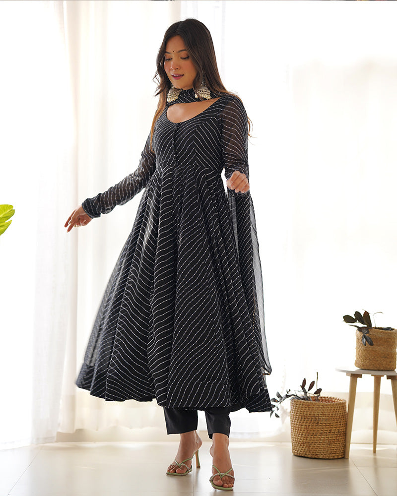 Laheriya Print Georgette Three Piece Black Anarkali Suit For Women