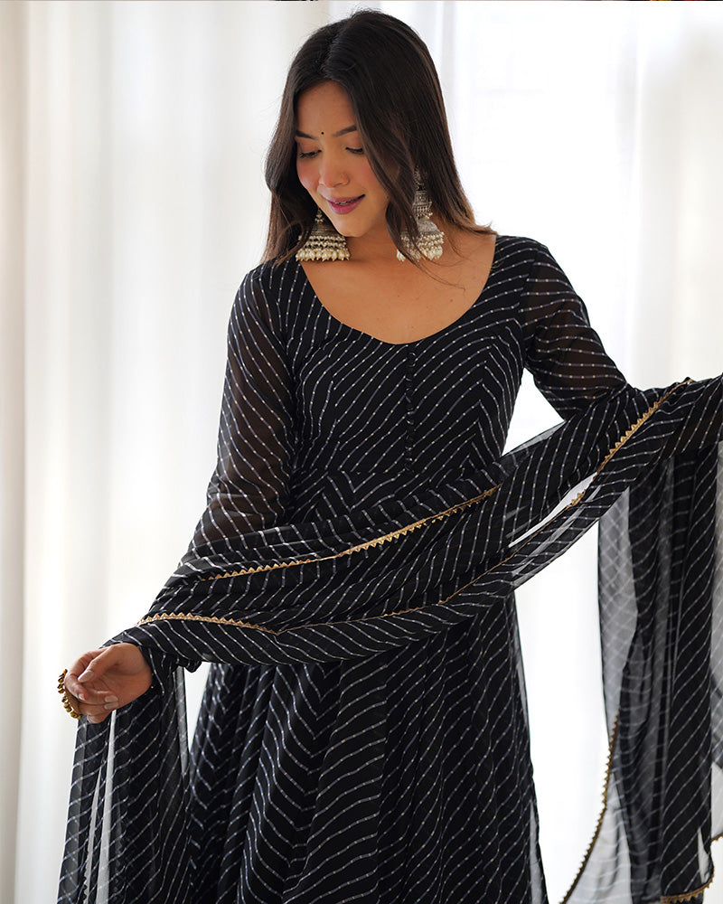 Laheriya Print Georgette Three Piece Black Anarkali Suit For Women