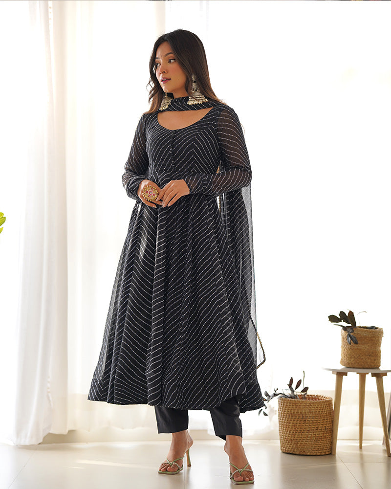 Laheriya Print Georgette Three Piece Black Anarkali Suit For Women