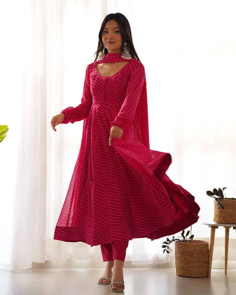 Laheriya Print Georgette Three Piece Rani Pink Anarkali Suit For Women