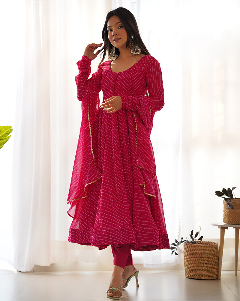 Laheriya Print Georgette Three Piece Rani Pink Anarkali Suit For Women