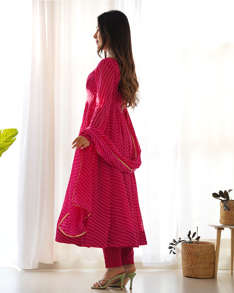 Laheriya Print Georgette Three Piece Rani Pink Anarkali Suit For Women