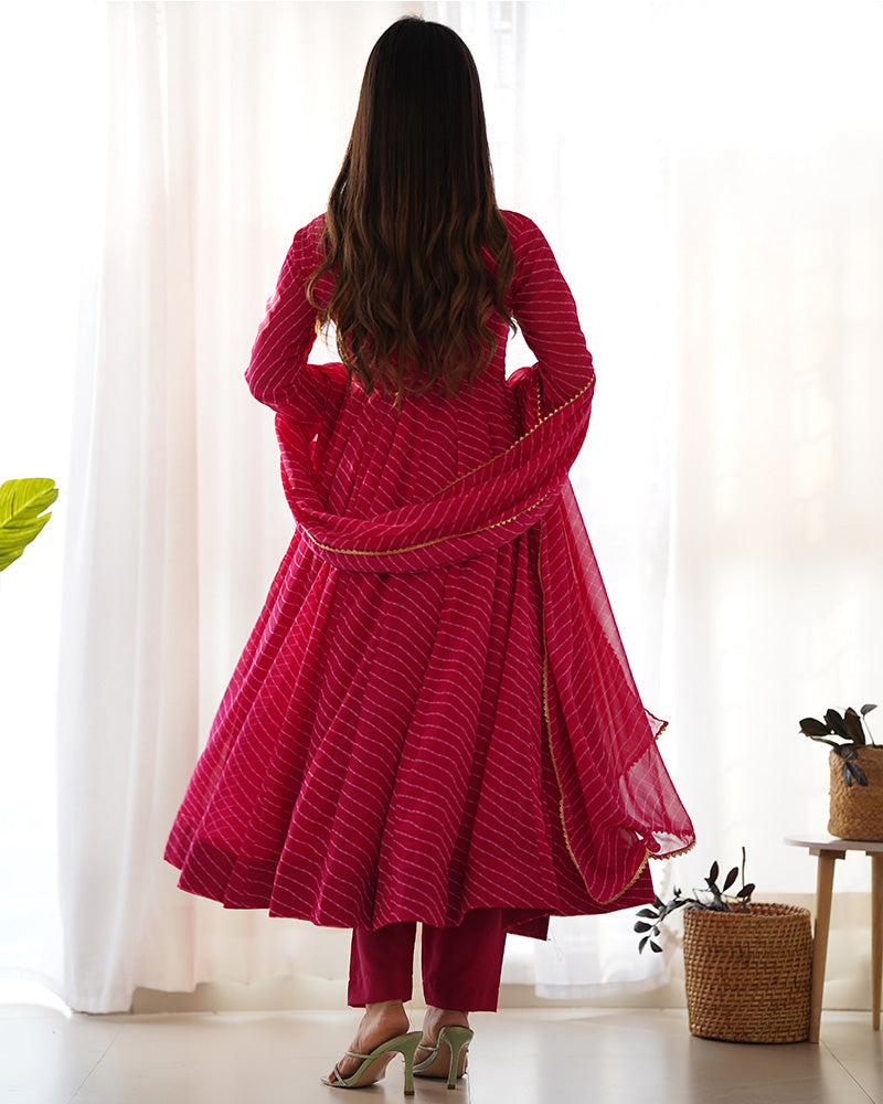 Laheriya Print Georgette Three Piece Rani Pink Anarkali Suit For Women