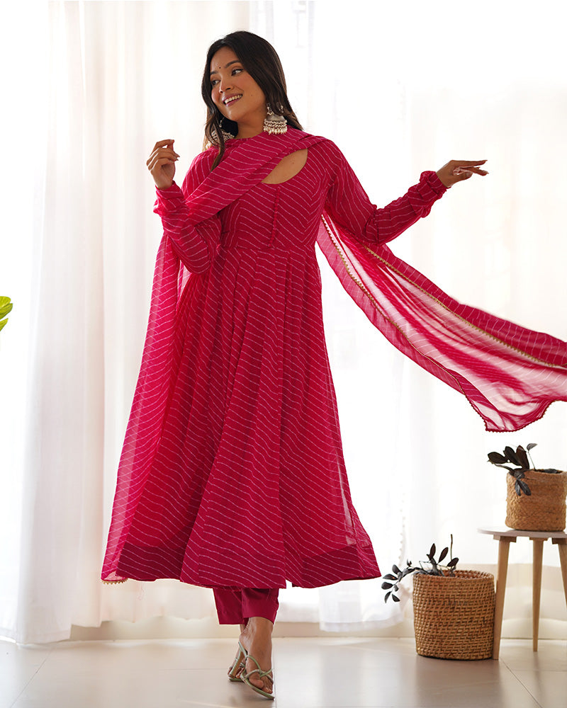 Laheriya Print Georgette Three Piece Rani Pink Anarkali Suit For Women