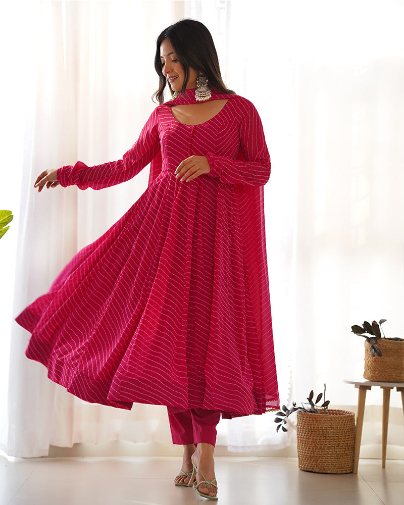 Laheriya Print Georgette Three Piece Rani Pink Anarkali Suit For Women