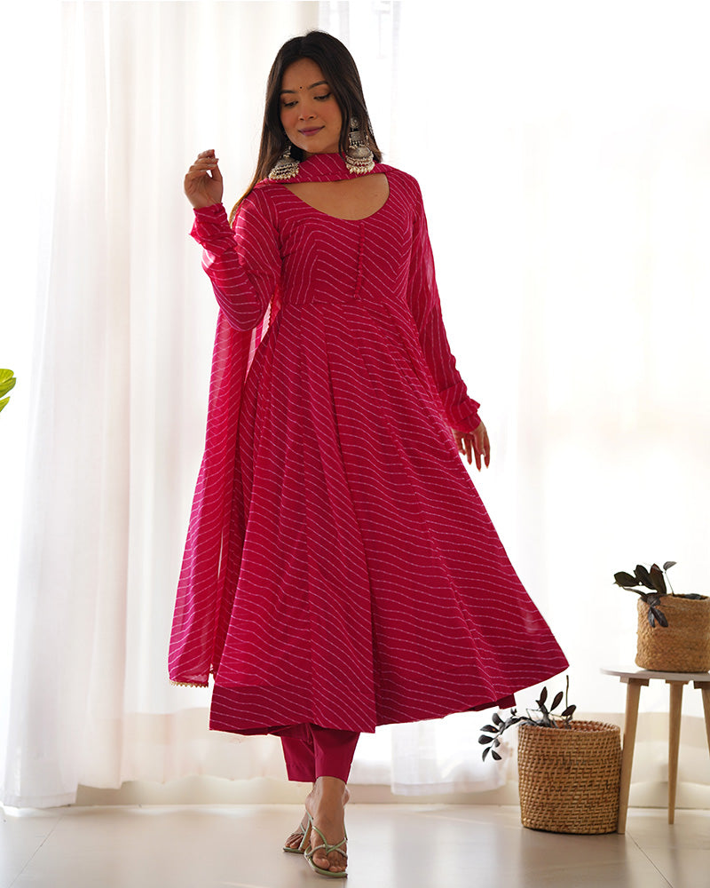 Laheriya Print Georgette Three Piece Rani Pink Anarkali Suit For Women