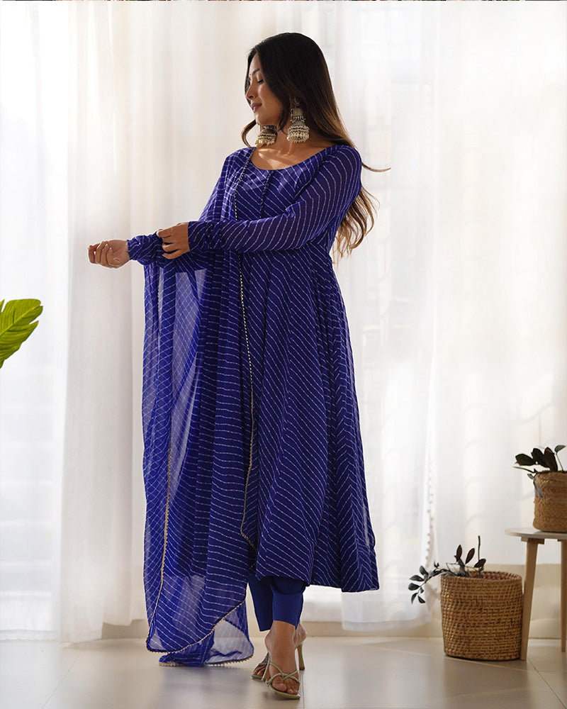 Laheriya Print Georgette Three Piece Royal Blue Anarkali Suit For Women