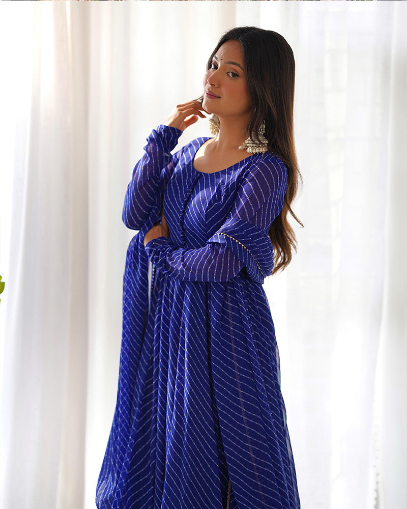 Laheriya Print Georgette Three Piece Royal Blue Anarkali Suit For Women