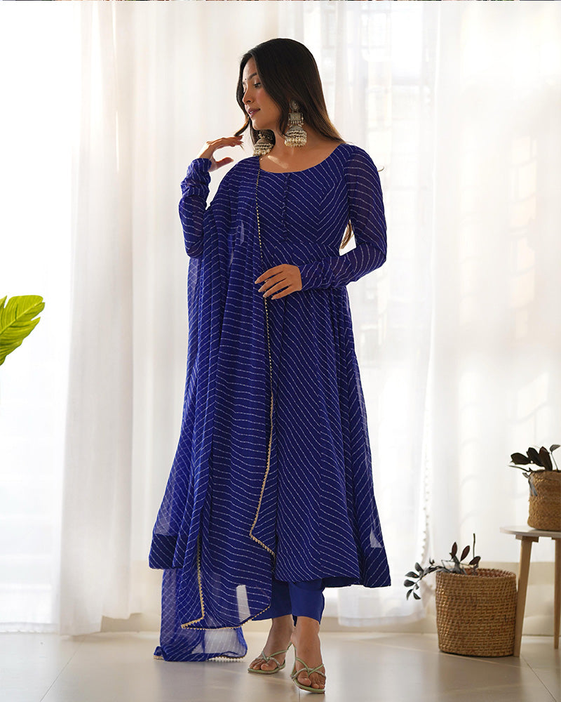 Laheriya Print Georgette Three Piece Royal Blue Anarkali Suit For Women