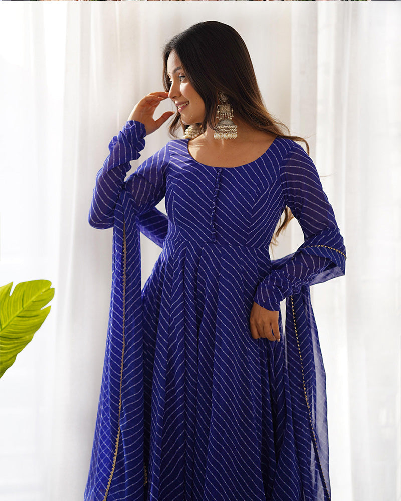 Laheriya Print Georgette Three Piece Royal Blue Anarkali Suit For Women