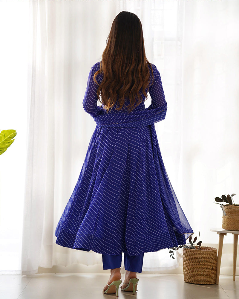 Laheriya Print Georgette Three Piece Royal Blue Anarkali Suit For Women