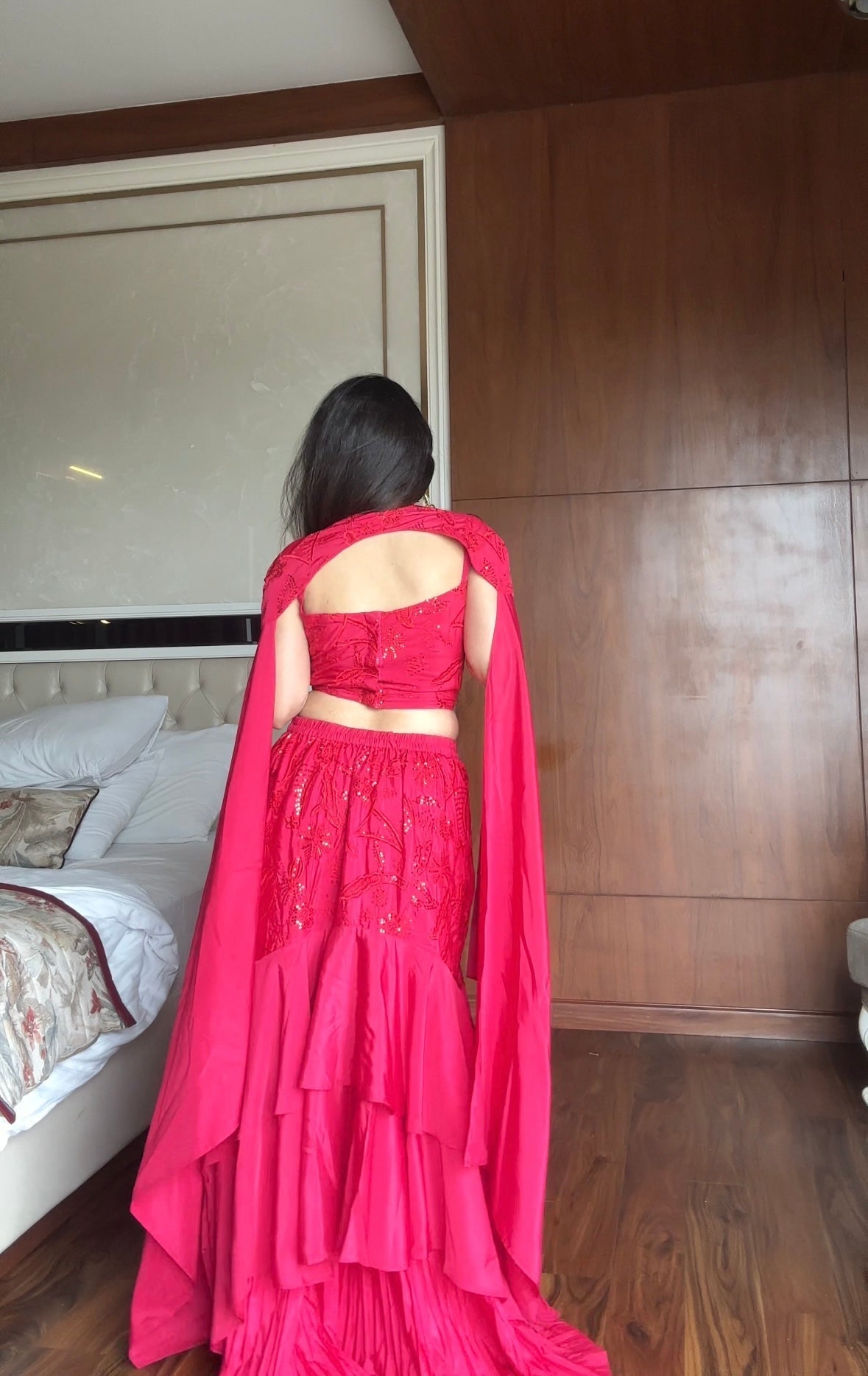Party Wear Hot Pink Embroidered Ruffle Lehenga Set with Cape Dupatta | Wedding Outfits For Women
