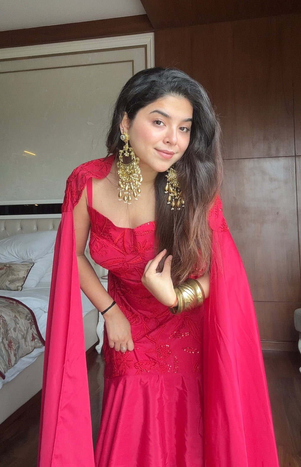 Party Wear Hot Pink Embroidered Ruffle Lehenga Set with Cape Dupatta | Wedding Outfits For Women