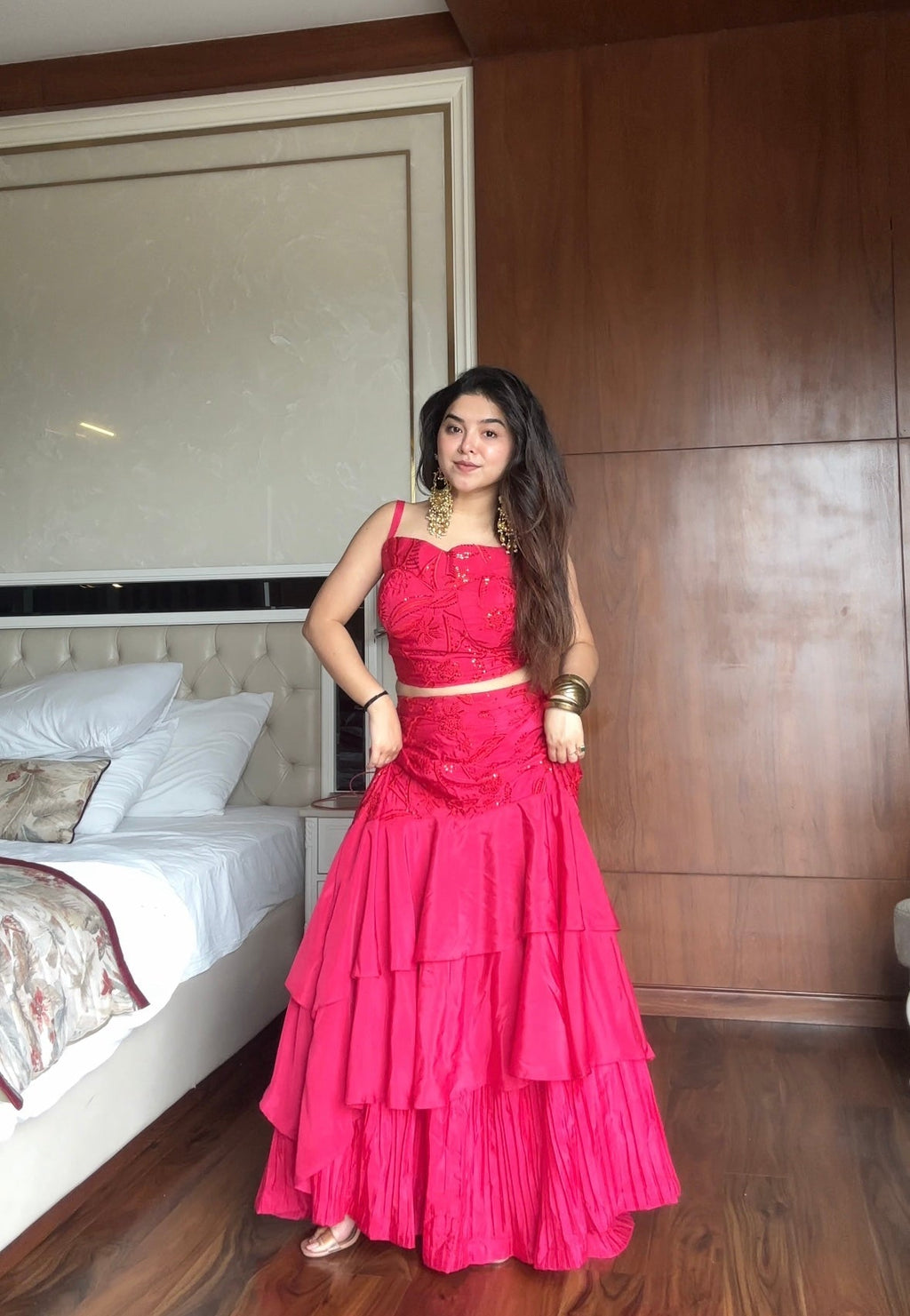 Party Wear Hot Pink Embroidered Ruffle Lehenga Set with Cape Dupatta | Wedding Outfits For Women