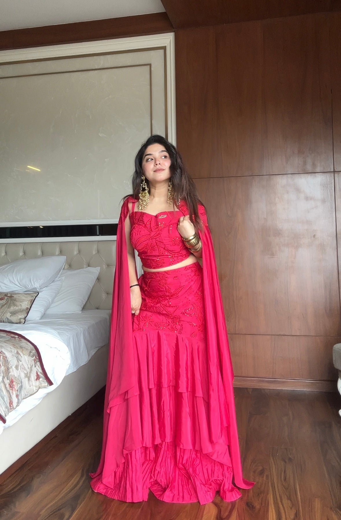 Party Wear Hot Pink Embroidered Ruffle Lehenga Set with Cape Dupatta | Wedding Outfits For Women