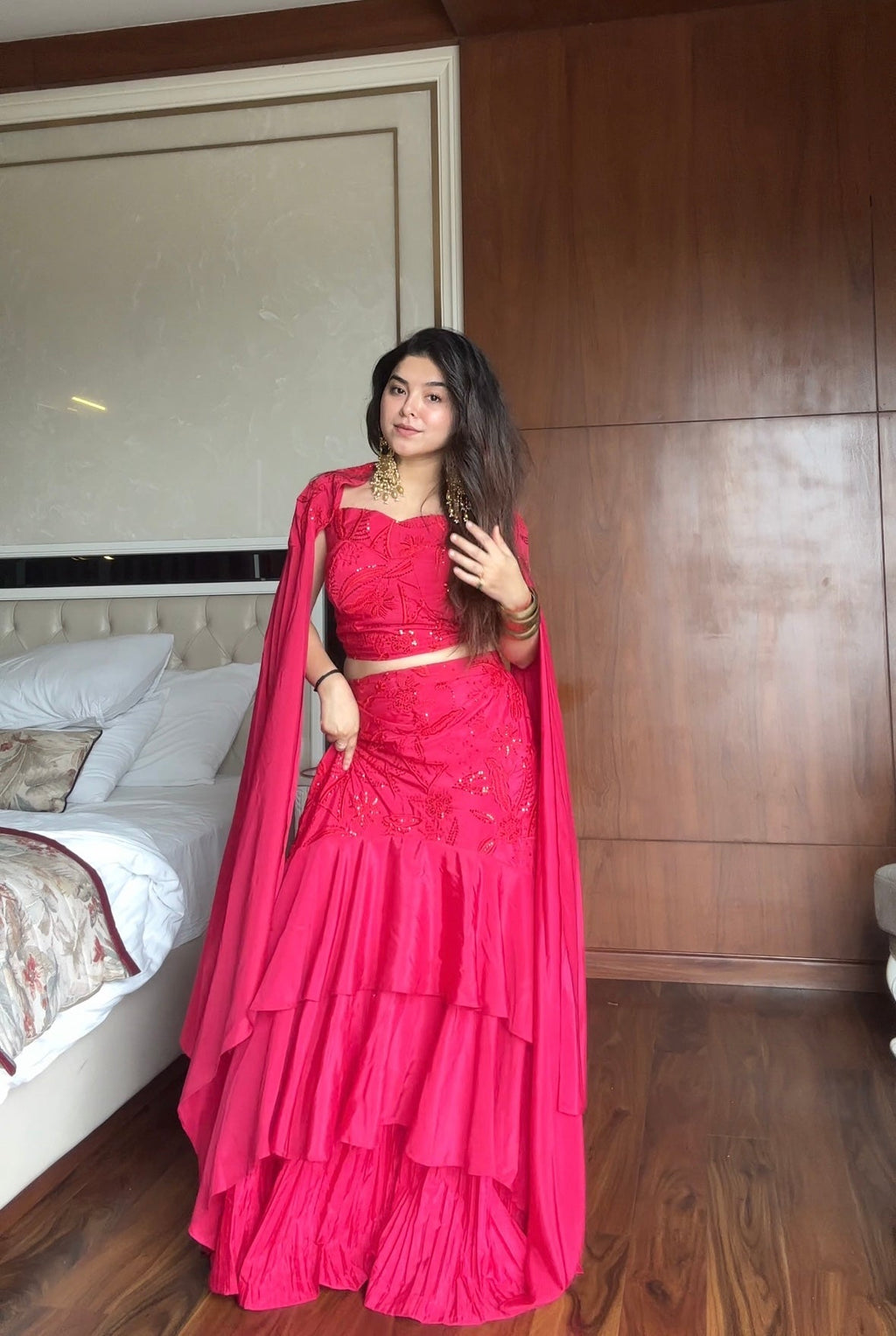 Party Wear Hot Pink Embroidered Ruffle Lehenga Set with Cape Dupatta | Wedding Outfits For Women
