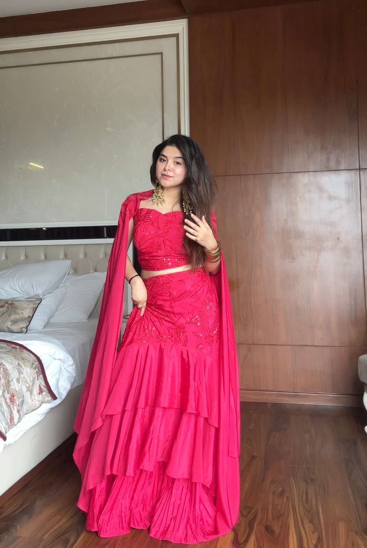 Party Wear Hot Pink Embroidered Ruffle Lehenga Set with Cape Dupatta | Wedding Outfits For Women