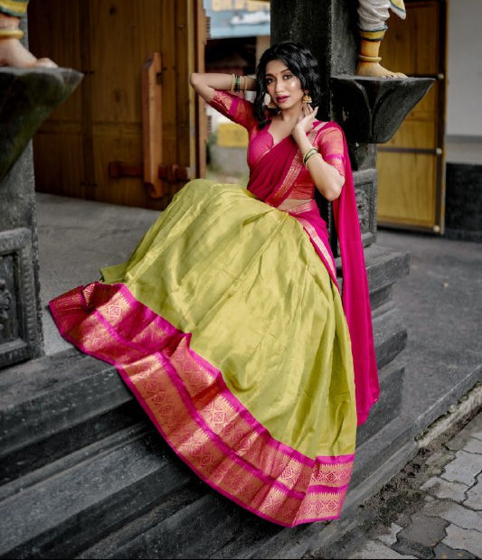 Stunning Pista Green Kanchipuram Silk Zari Weaving Worked Lehenga Choli - Ethnicwish
