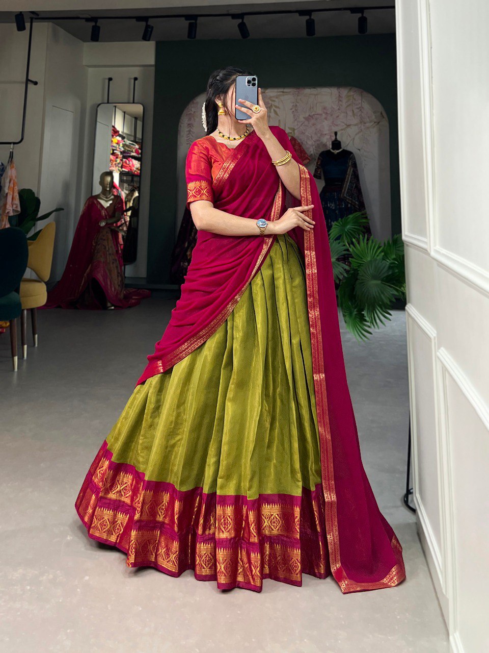 Stunning Pista Green Kanchipuram Silk Zari Weaving Worked Lehenga Choli - Ethnicwish