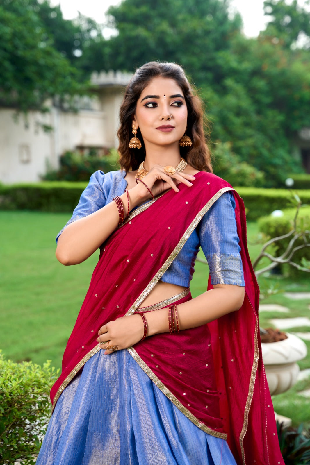 Majestic Kanchipuram Silk Zari Weaving Worked Lehenga Choli - Ethnicwish