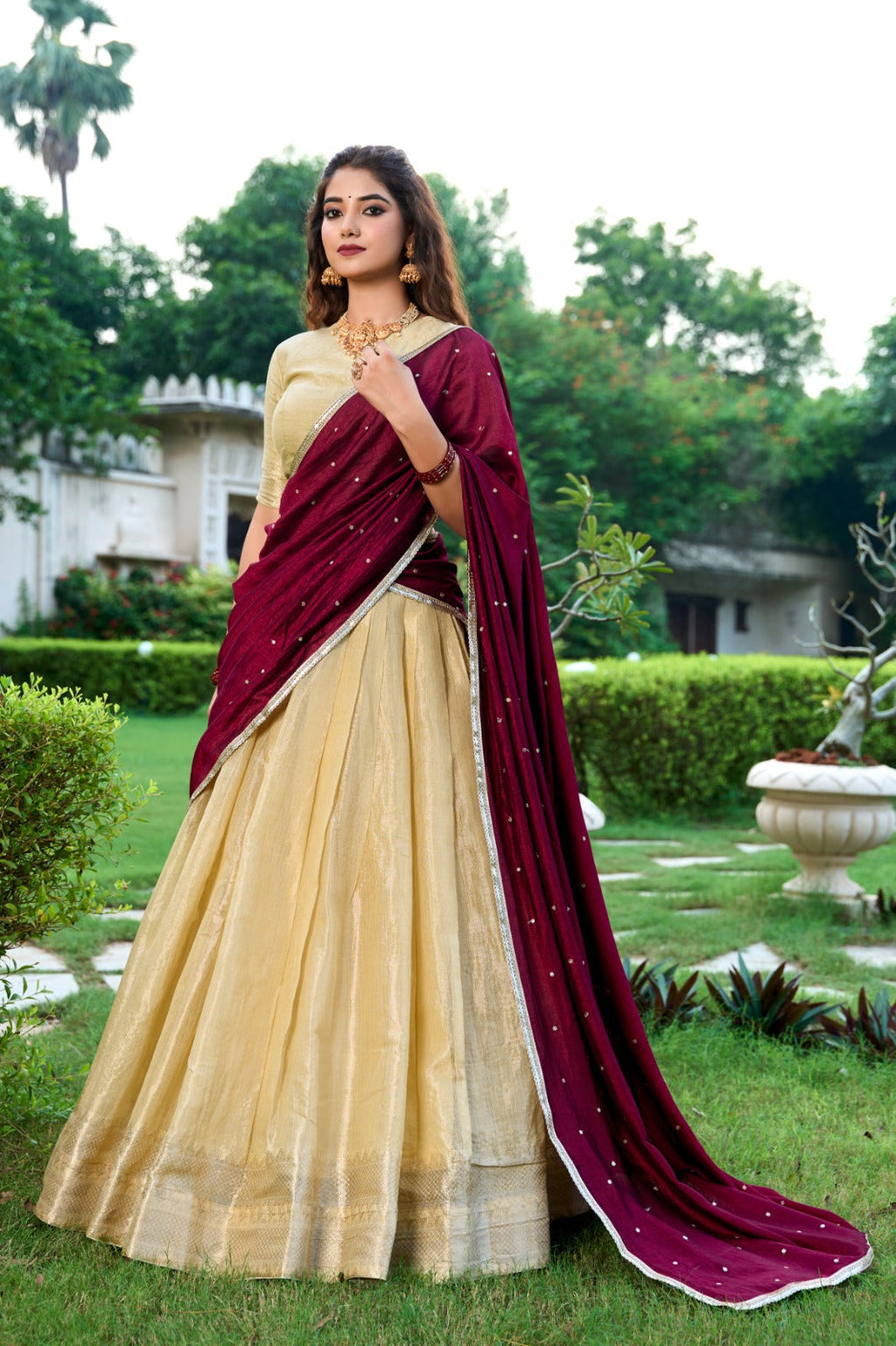 Majestic Kanchipuram Silk Zari Weaving Worked Lehenga Choli - Ethnicwish