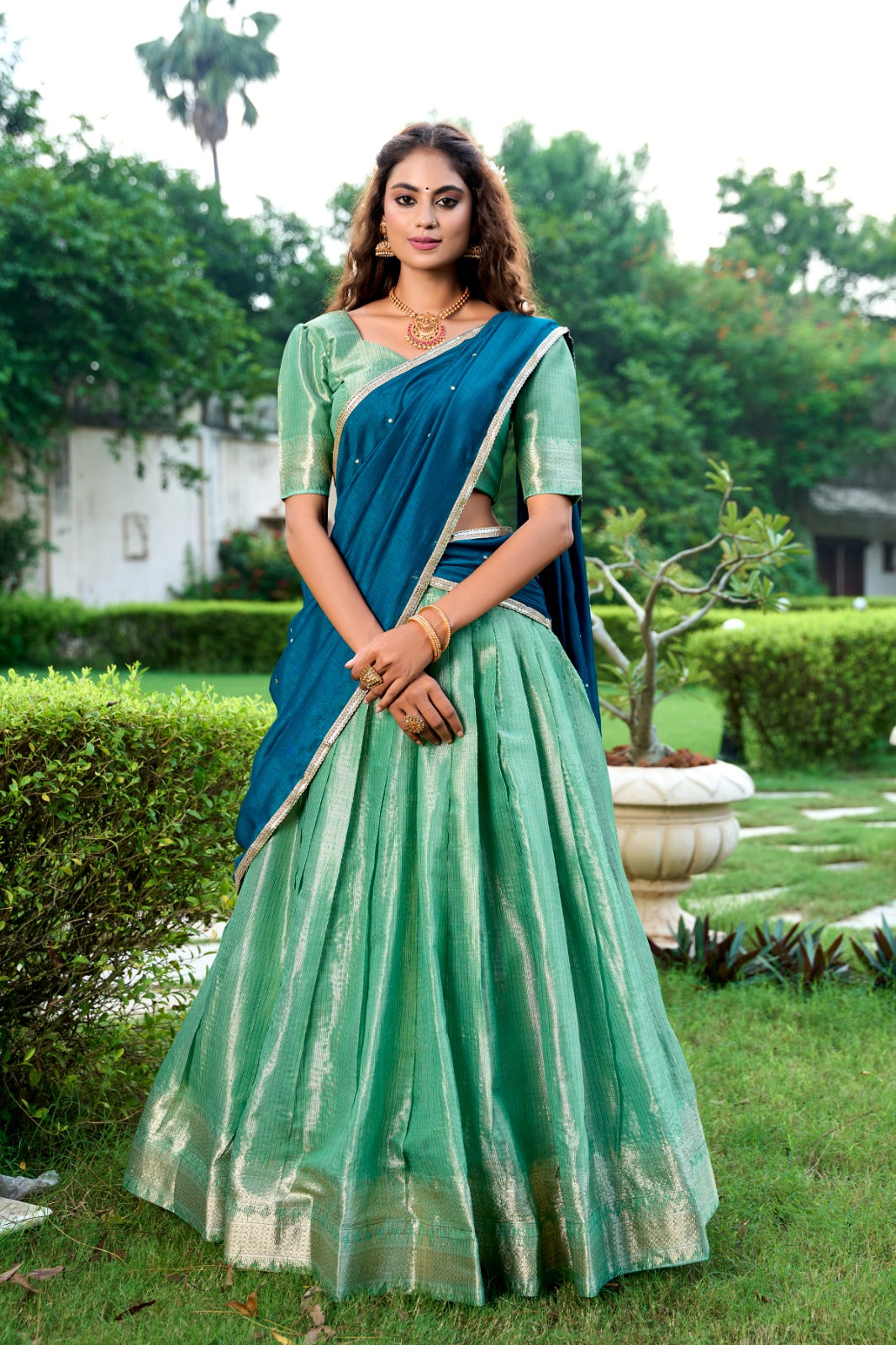 Majestic Kanchipuram Silk Zari Weaving Worked Lehenga Choli - Ethnicwish
