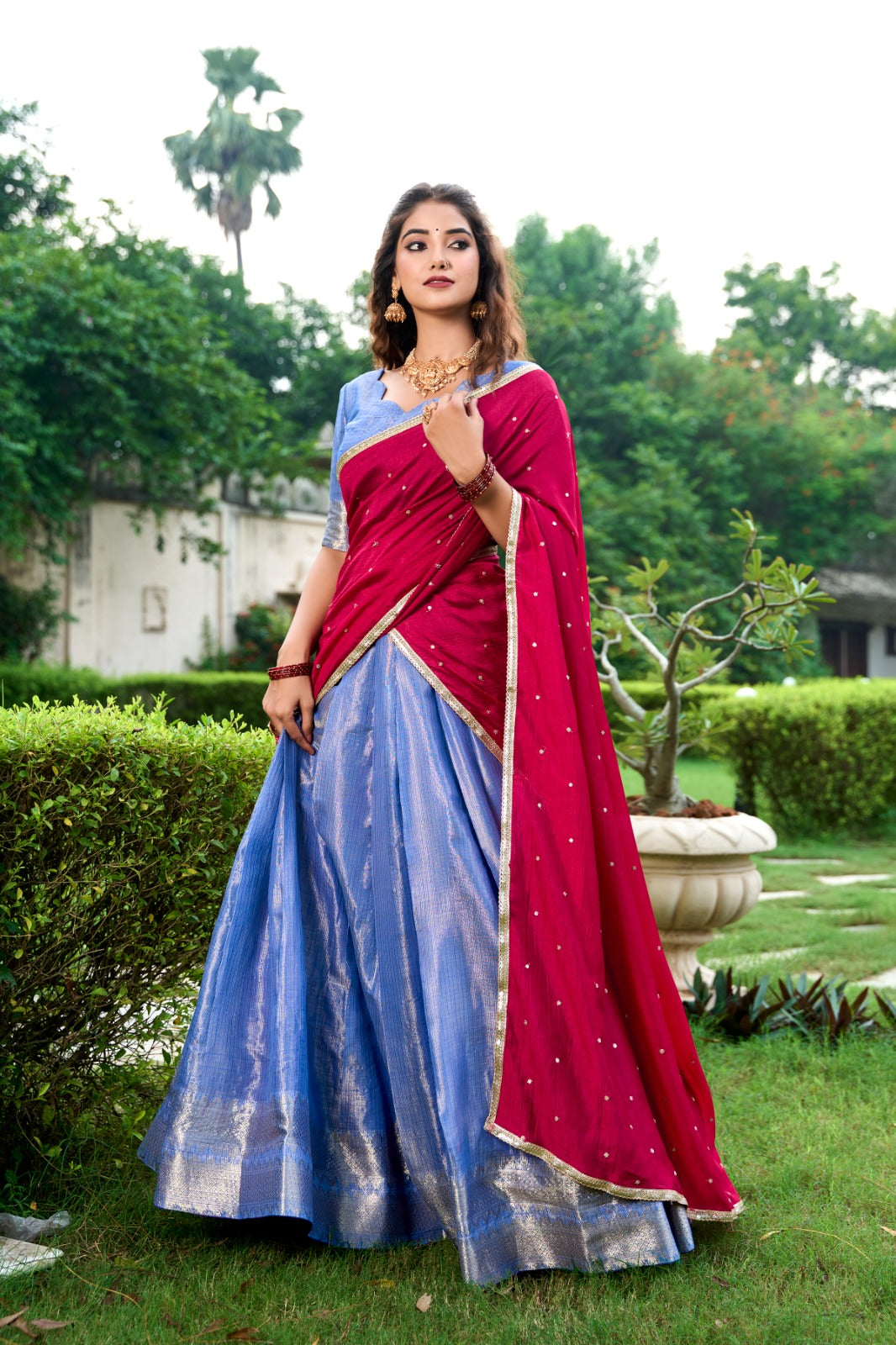 Majestic Kanchipuram Silk Zari Weaving Worked Lehenga Choli - Ethnicwish