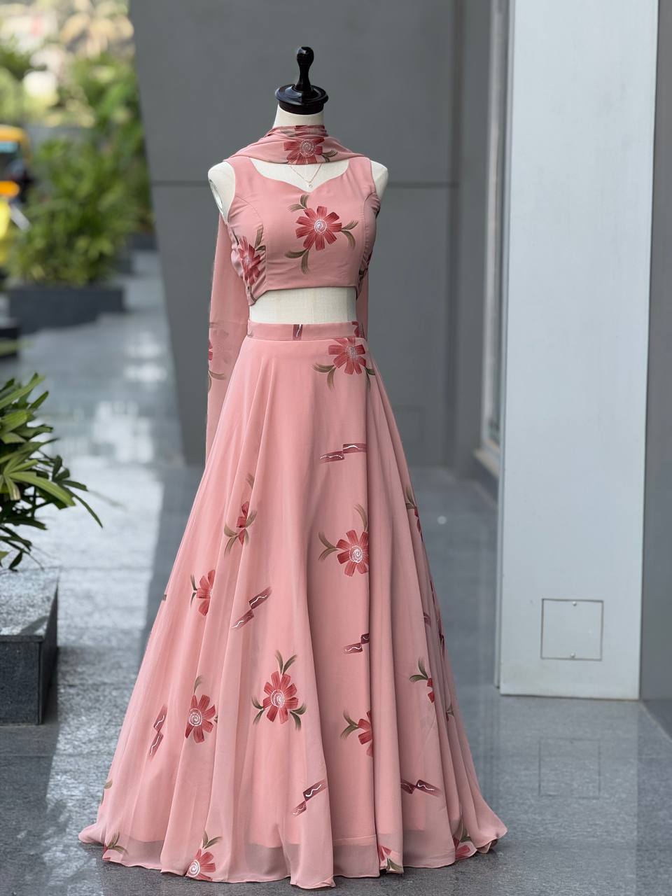 Lovely Pink Color Georgette Handpanited Lehenga Choli
