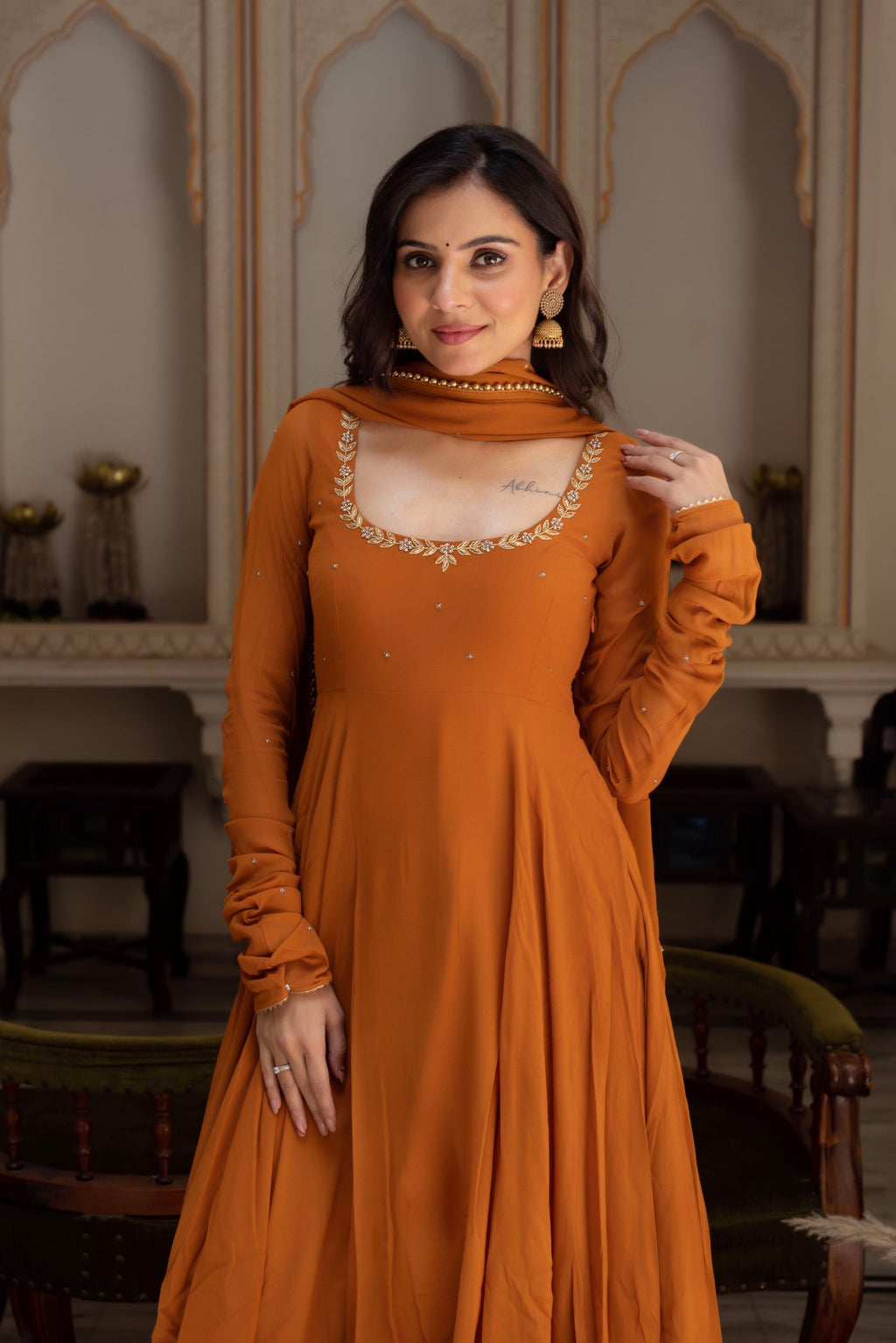 Luminous Embroidered Neck Work Anarkali Suit Set with Dupatta | Anarkali Suit For Women