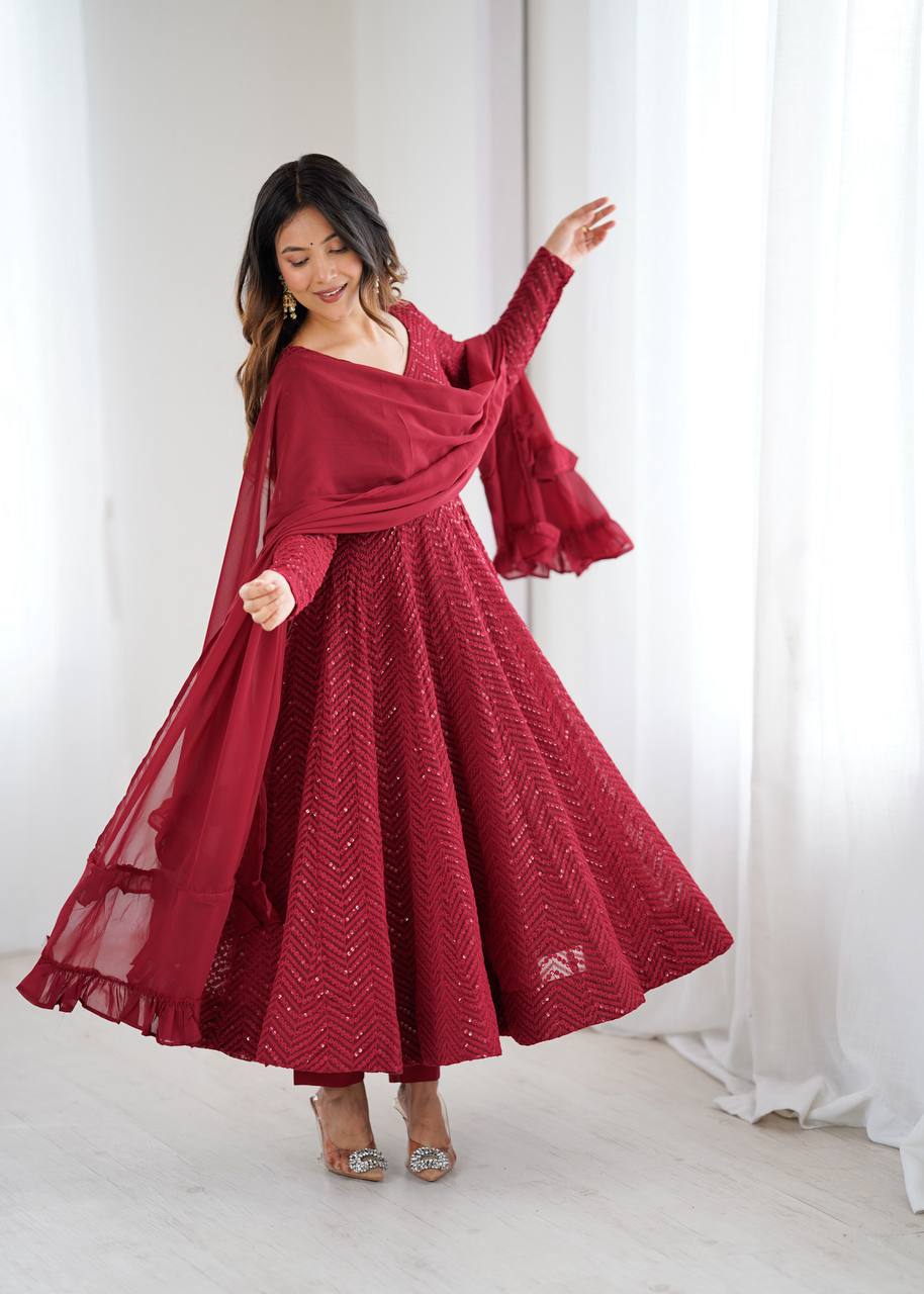 Maroon Festive Sequins Embroidered Anarkali Suit Set with Dupatta