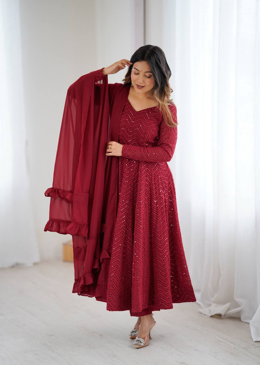 Maroon Festive Sequins Embroidered Anarkali Suit Set with Dupatta