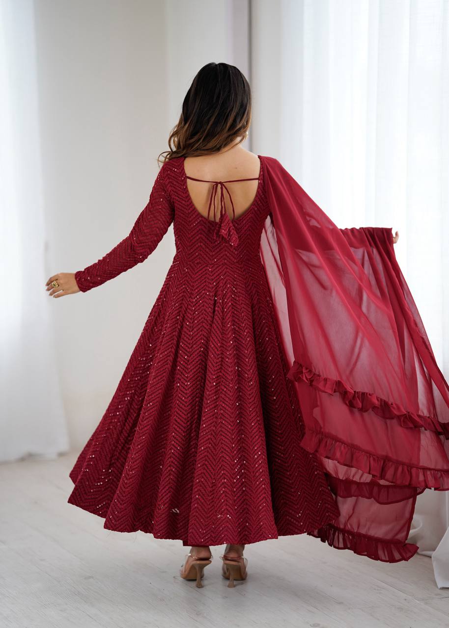 Maroon Festive Sequins Embroidered Anarkali Suit Set with Dupatta