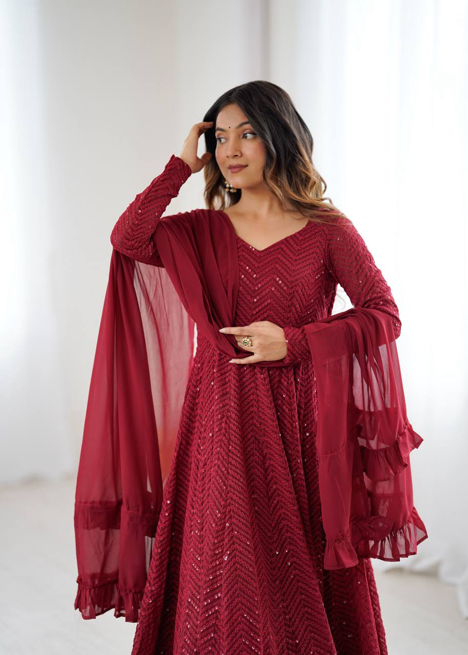 Maroon Festive Sequins Embroidered Anarkali Suit Set with Dupatta
