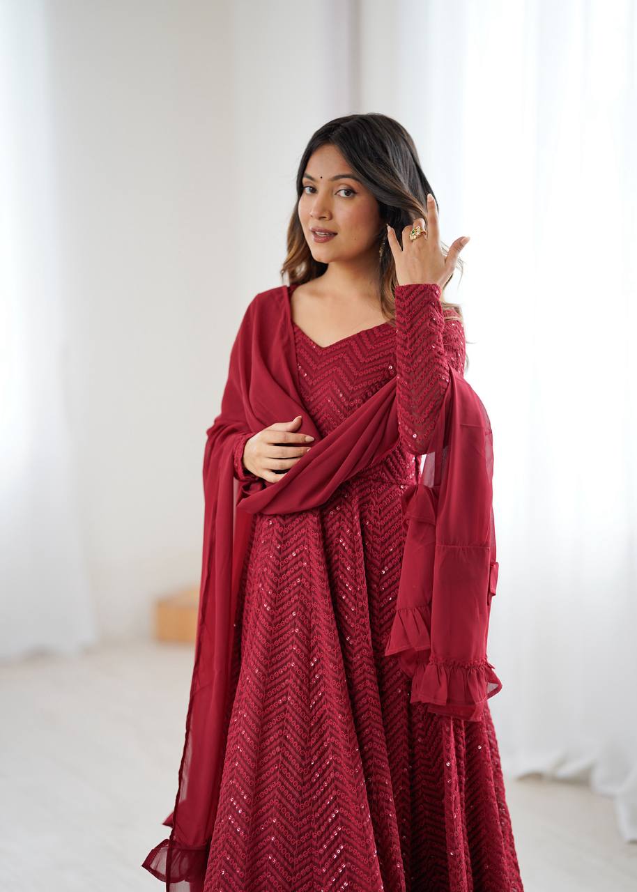 Maroon Festive Sequins Embroidered Anarkali Suit Set with Dupatta